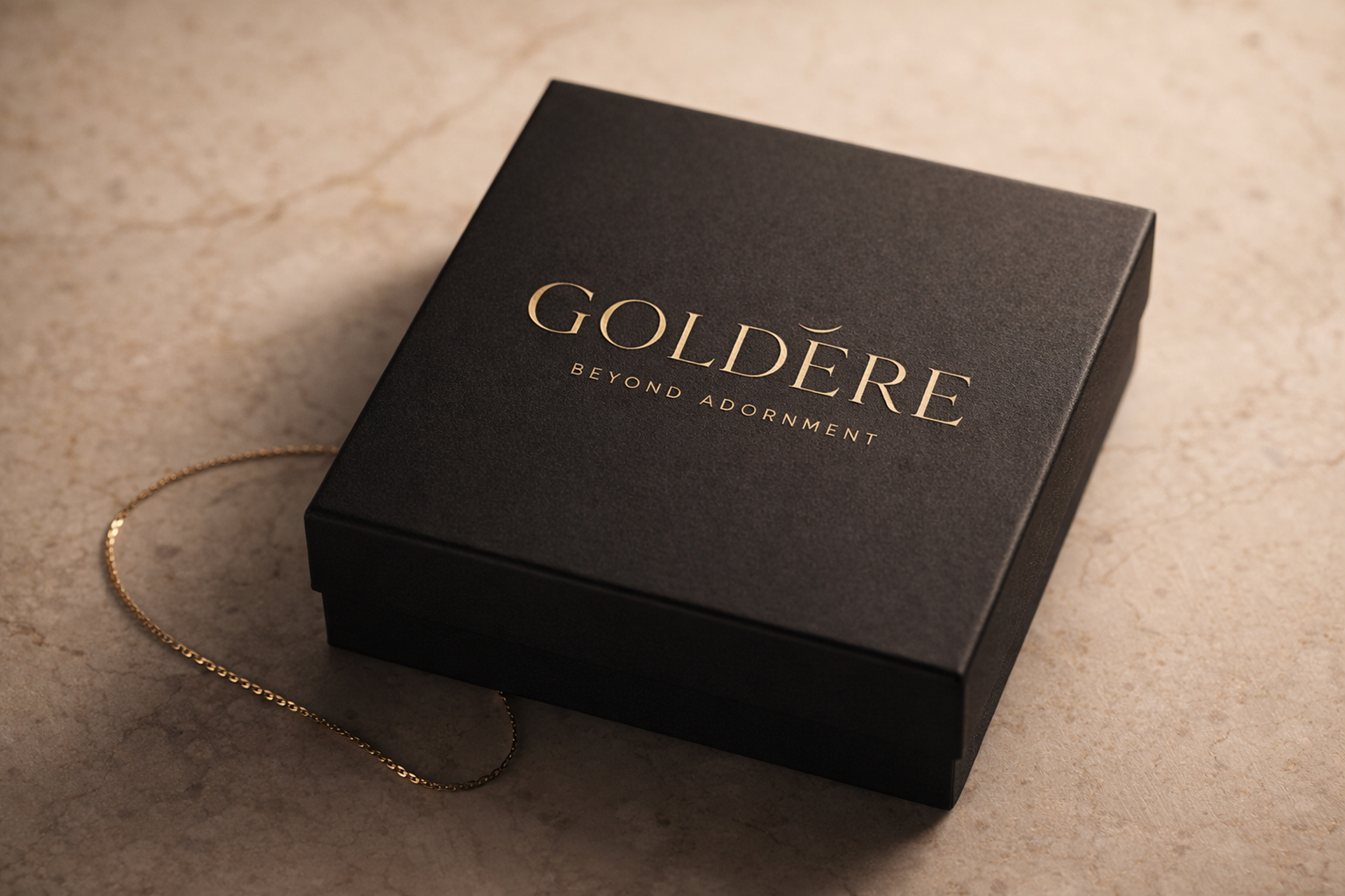GOLDÈRE packaging — matte black box with gold chain on marble